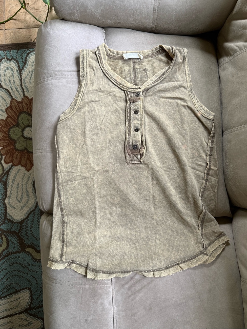 Zenana Outfitters Stonewash Beige Henley Tank Top NWOT